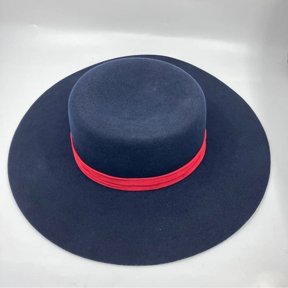 Anthropologie Wool Navy Blue Boater Wide Rim Floppy Hat Festival Boho - Picture 6 of 12